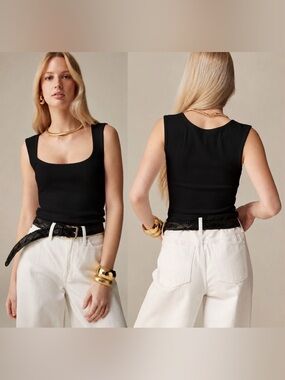 J. Crew Womens Stretch Cropped Fine Rib Scoopneck Tank Top Black S Preppy Basic